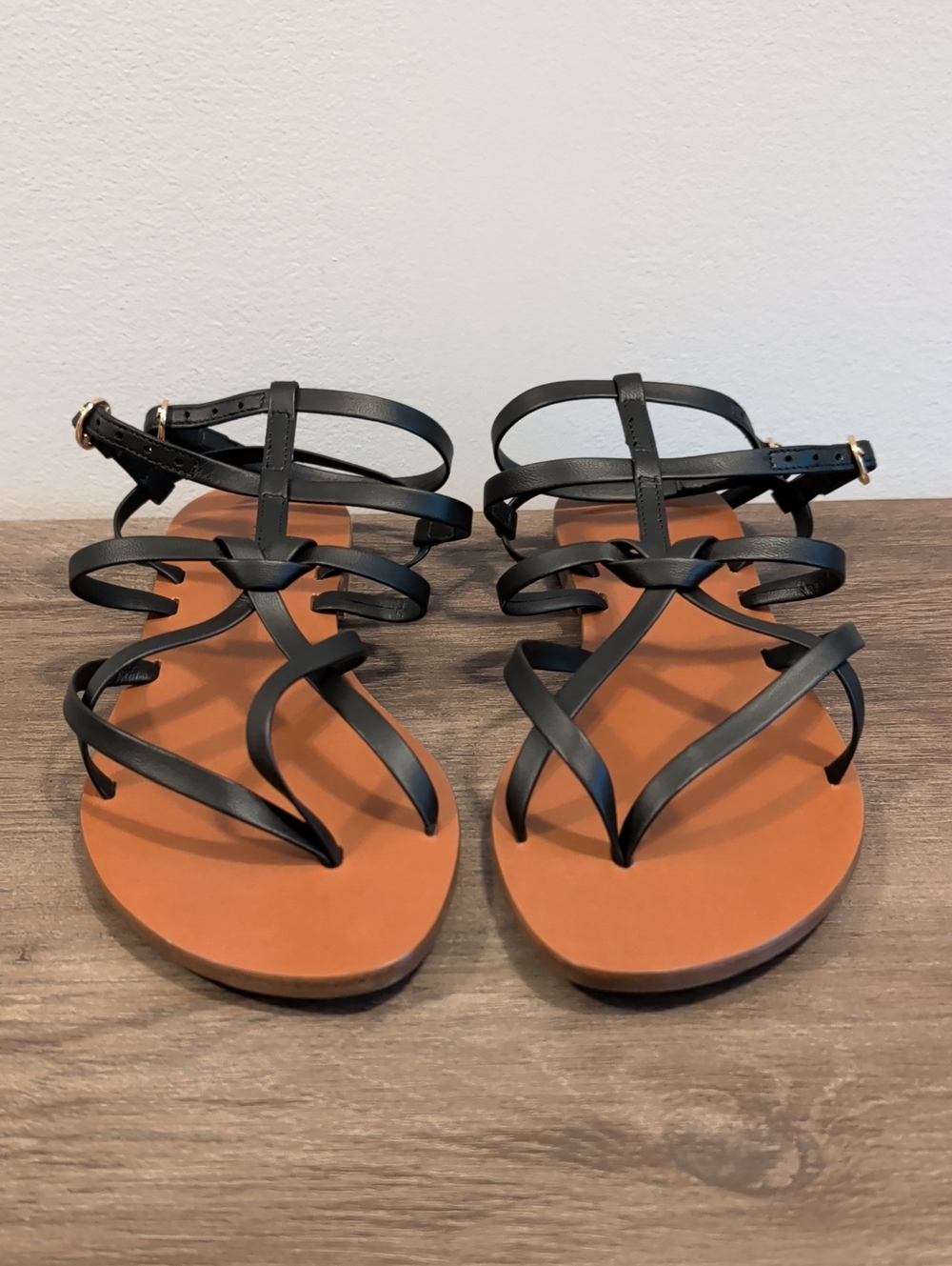 M. Gemi Black Strappy Leather Ankle-Sling Sandals with Tan Footbed